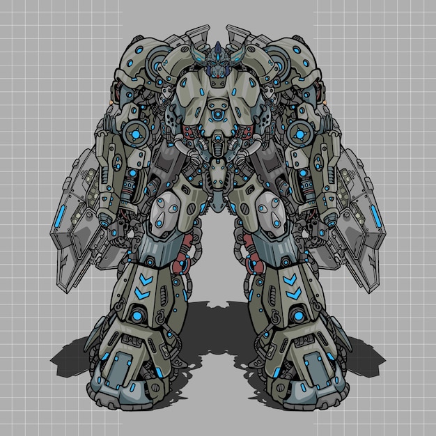 Robot mecha de boceto de metal futurista construido por cabeza brazo cuerpo pierna arma ilustración vector premium