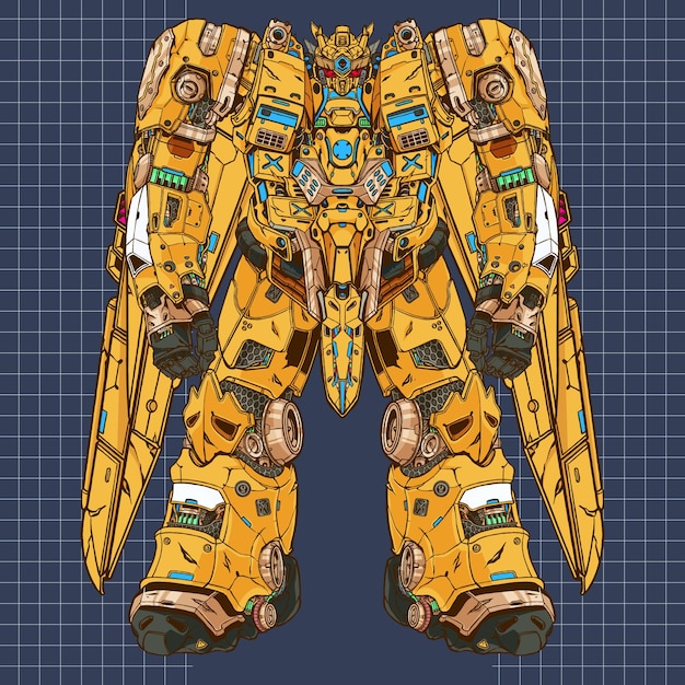 Robot mecha fresco futurista construido por cabeza brazo cuerpo pierna arma ilustración vector premium
