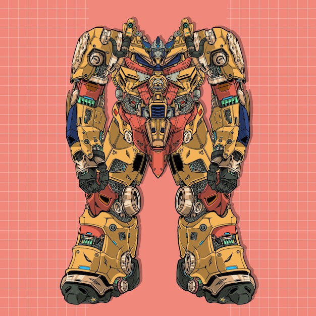 Robot mecha gigante asesino futurista construido por cabeza brazo cuerpo pierna arma ilustración