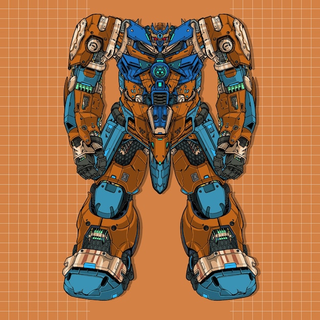 Robot mecha gigante de cabeza futurista construido por cabeza brazo cuerpo pierna arma ilustración vector premium