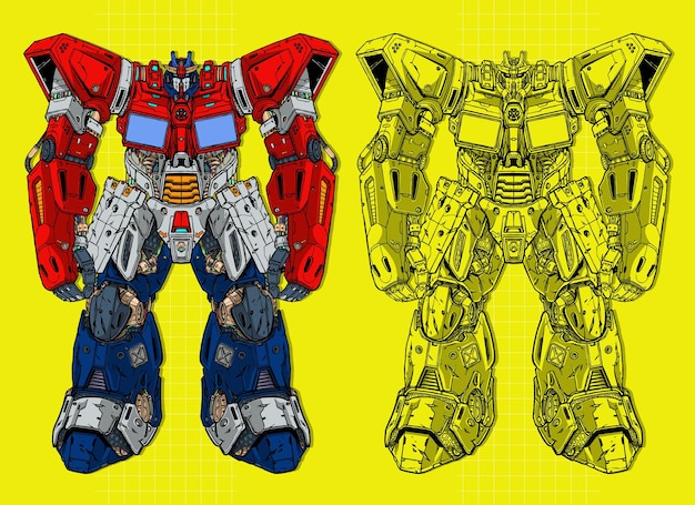 Robot mecha gigante digital futurista construido por cabeza brazo cuerpo pierna arma ilustración vector premium