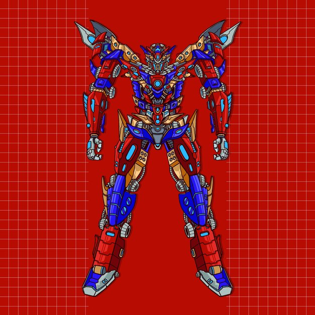 Robot mecha gigante guerrero futurista construido por cabeza brazo cuerpo pierna arma ilustración vector premium