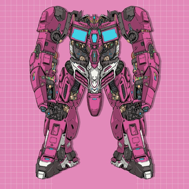 Robot mecha gigante de neón futurista construido por cabeza brazo cuerpo pierna arma ilustración vector premium