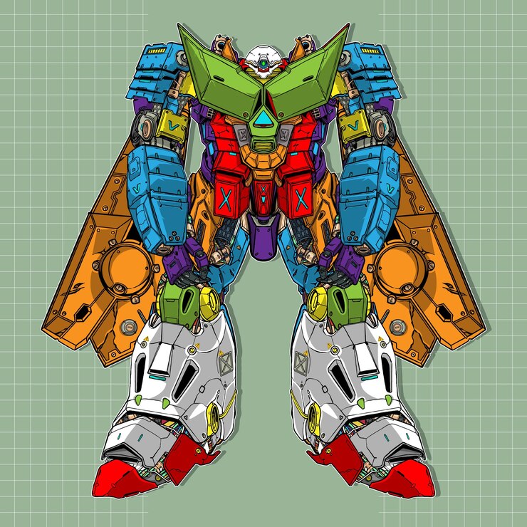 Vector robot mecha lindo futurista construido por brazo cuerpo pierna arma ilustración vector premium