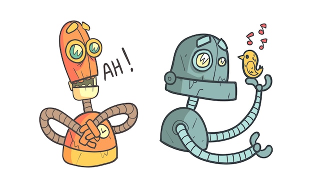 Robot de metal con diferentes emociones como Android mecánico de dibujos animados en conjunto vectorial de estilo de contorno