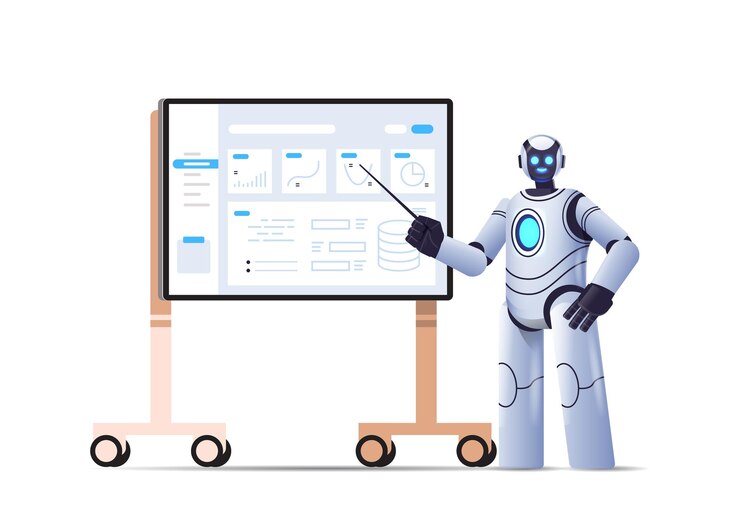 Vector robot moderno analizando estadísticas datos financieros carácter robótico haciendo presentación sobre tecnología de inteligencia artificial bord
