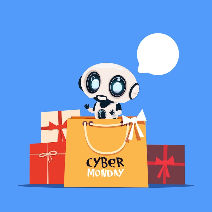 Vector robot moderno con bolsa de compras con texto de cyber monday en línea