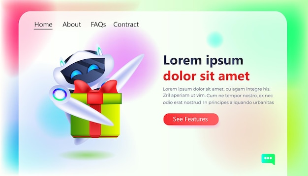 Robot moderno con cajas de regalo envueltas celebración de cumpleaños o vacaciones concepto de inteligencia artificial de longitud completa espacio de copia horizontal ilustración vectorial