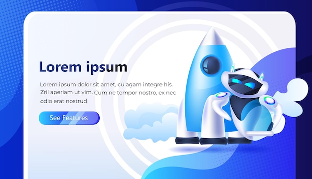 Robot moderno con cohete lanzando nuevo proyecto concepto de inteligencia artificial copia horizontal espacio ilustración vectorial