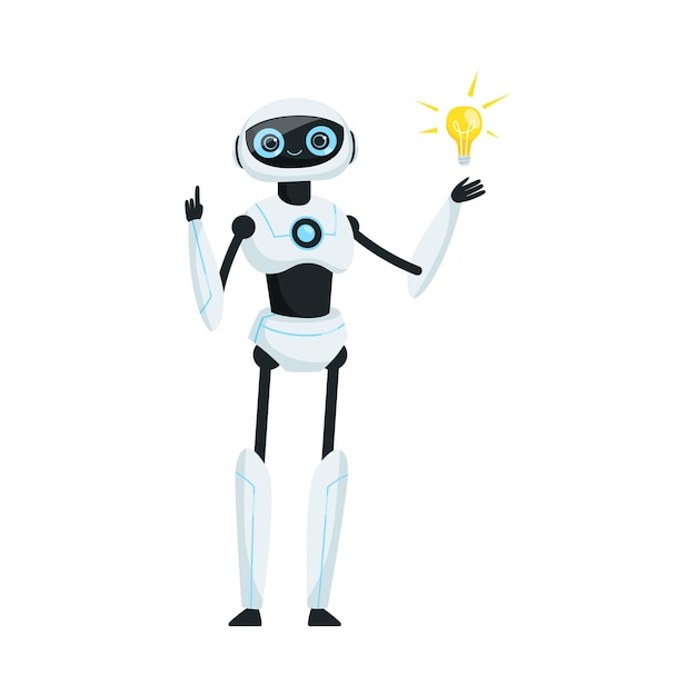 Robot moderno como máquina programable de pie con ilustración vectorial de bombilla
