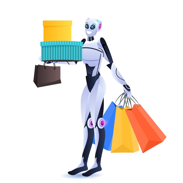 Vector robot moderno con compras coloridas bolsas de compras concepto de tecnología de inteligencia artificial
