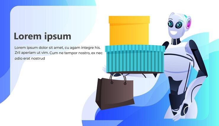 Vector robot moderno con compras coloridas bolsas de compras concepto de tecnología de inteligencia artificial