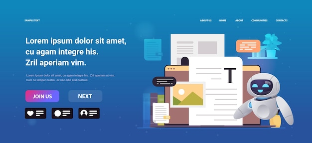 robot moderno editor de artículos escribiendo publicidad post periodista robótico redacción de textos selección y verificación contenido concepto de inteligencia artificial copia espacio horizontal vector ilustración