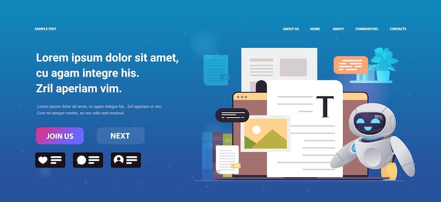 Robot moderno editor de artículos escribiendo publicidad post periodista robótico redacción de textos selección y verificación contenido concepto de inteligencia artificial copia espacio horizontal vector ilustración
