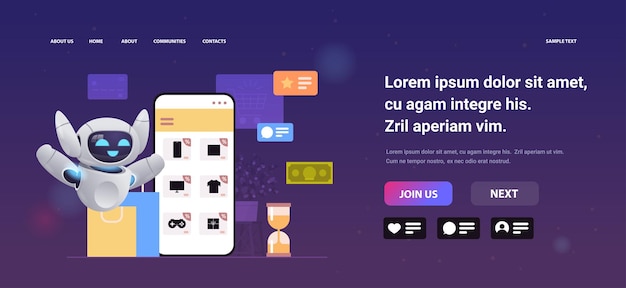 robot moderno eligiendo artículos en la pantalla del teléfono inteligente en la aplicación móvil compras en línea marketing digital concepto de comercio electrónico horizontal espacio de copia de longitud completa ilustración vectorial