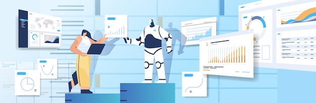 Robot moderno con empresaria analizando estadísticas gráficas y tablas de datos financieros que analizan el concepto de tecnología de inteligencia artificial ilustración vectorial horizontal de longitud completa