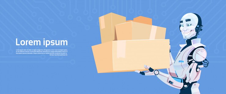 Vector robot moderno hold boxed delivery courier futurista inteligencia artificial mecanismo tecnología