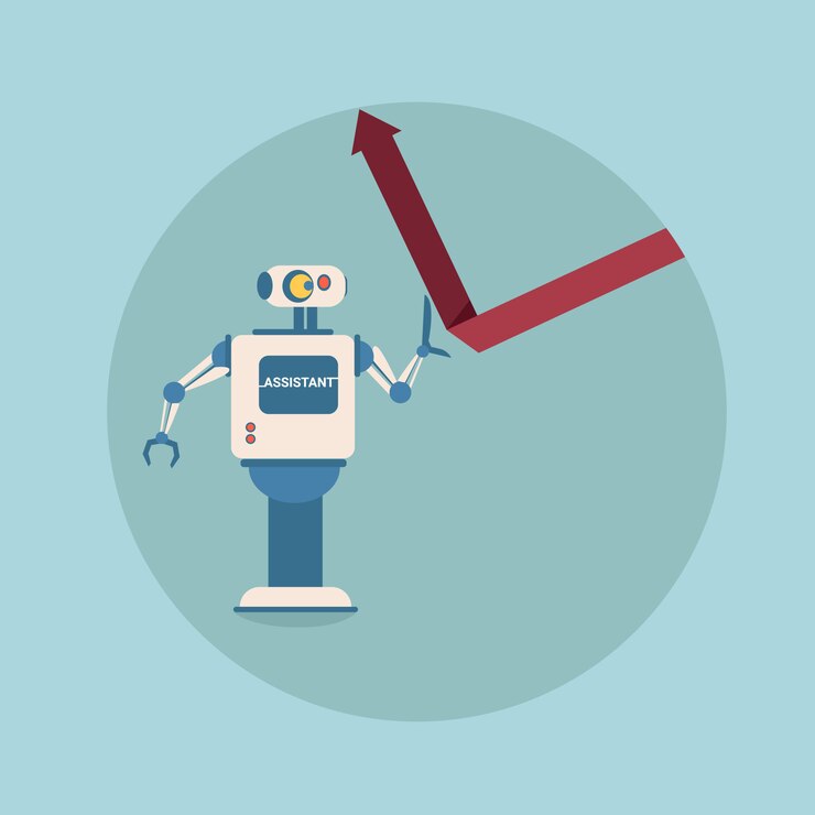 Vector robot moderno holding financiero flecha hacia arriba concepto de protección financiera futurista inteligencia artificial mecanismo tecnología