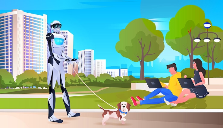 Vector robot moderno que camina con el fondo del paisaje urbano del parque público del concepto de la tecnología de la inteligencia artificial del perro