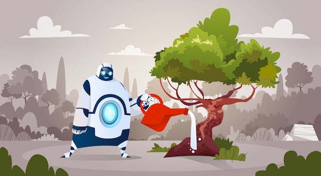 Robot moderno que riega el árbol