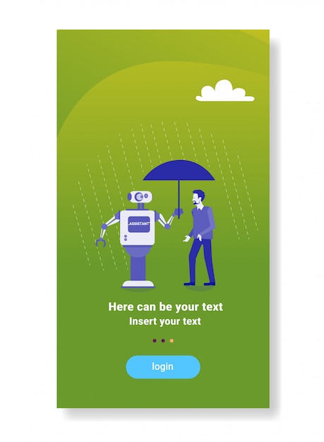 Robot moderno que sostiene el paraguas sobre el concepto de asistente de tecnología de mecanismo de inteligencia artificial de protección de empresario
