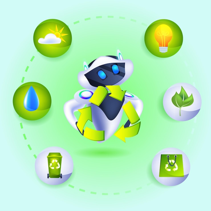 Vector robot moderno con reciclaje de residuos respetuosos del medio ambiente iconos inteligencia artificial salvar el concepto de protección del medio ambiente del planeta