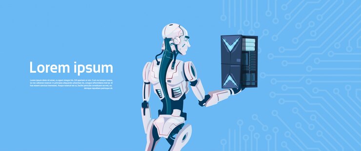 Vector robot moderno servidor de base de datos en la nube, tecnología de mecanismo de inteligencia artificial futurista