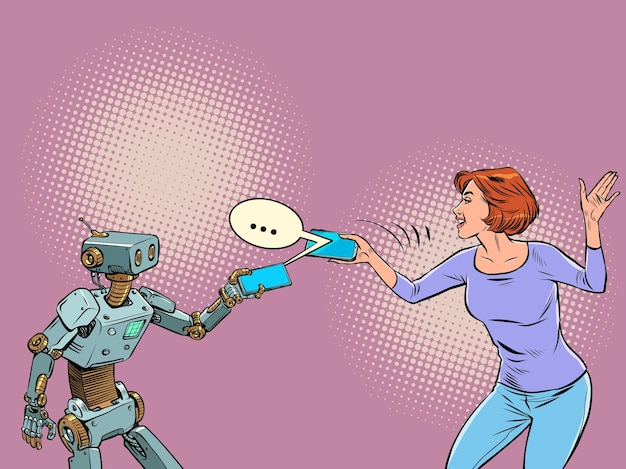 Robot y mujer se comunican en un mensajero por teléfono