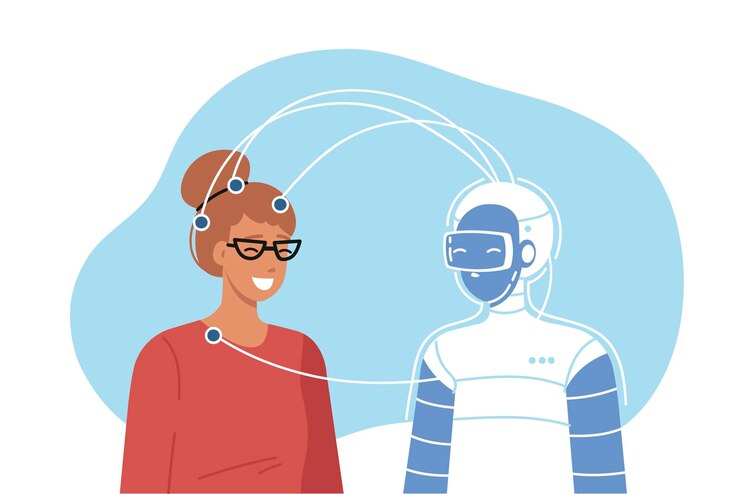 Vector el robot y la mujer están conectados por cables mientras transfieren información del humano al ciborg.