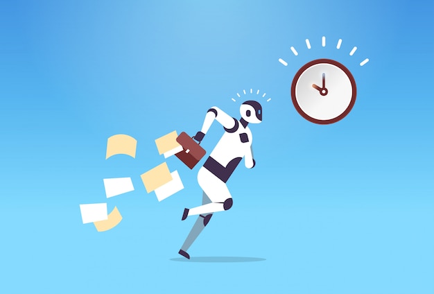 robot de negocios que se ejecuta con documentos que caen de la cartera fecha límite de gestión del tiempo inteligencia artificial