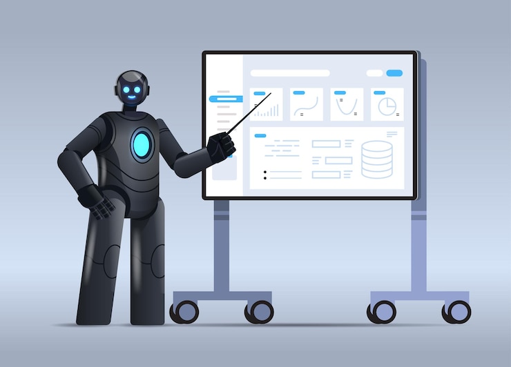 Vector robot negro analizando estadísticas datos financieros personaje robótico haciendo presentación a bordo tecnología de inteligencia artificial