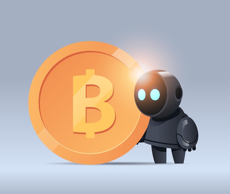 Vector robot negro con bitcoin cripto moneda dinero minería ingresos pasivos ganancias inteligencia artificial