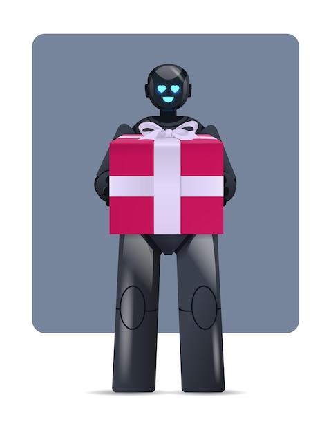 Robot negro con caja de regalo envuelta, inteligencia artificial de celebración