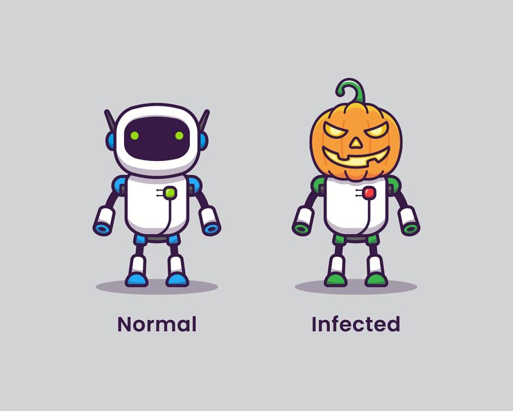Vector robot normal con robot calabaza infectado