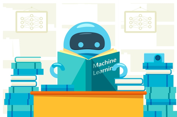 Vector robot o bot leyendo el libro de ejercicios de aprendizaje automático