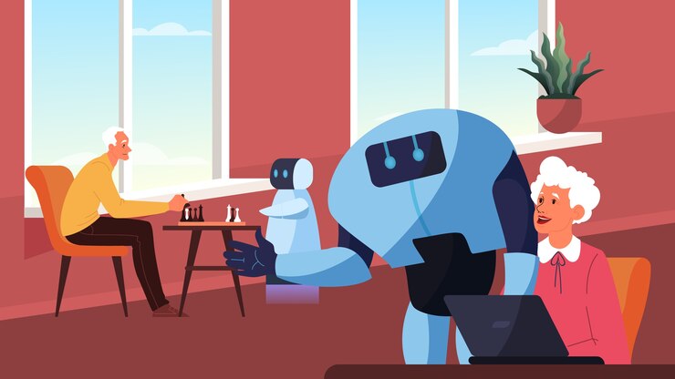 Vector robot pasa tiempo con personas mayores. el personaje robótico se comunica con las personas mayores, juega al ajedrez y ayuda con la computadora. automatización y tecnología futurista.