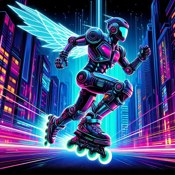 Vector un robot de patinaje en rollo atravesando una jungla urbana iluminada con neón.