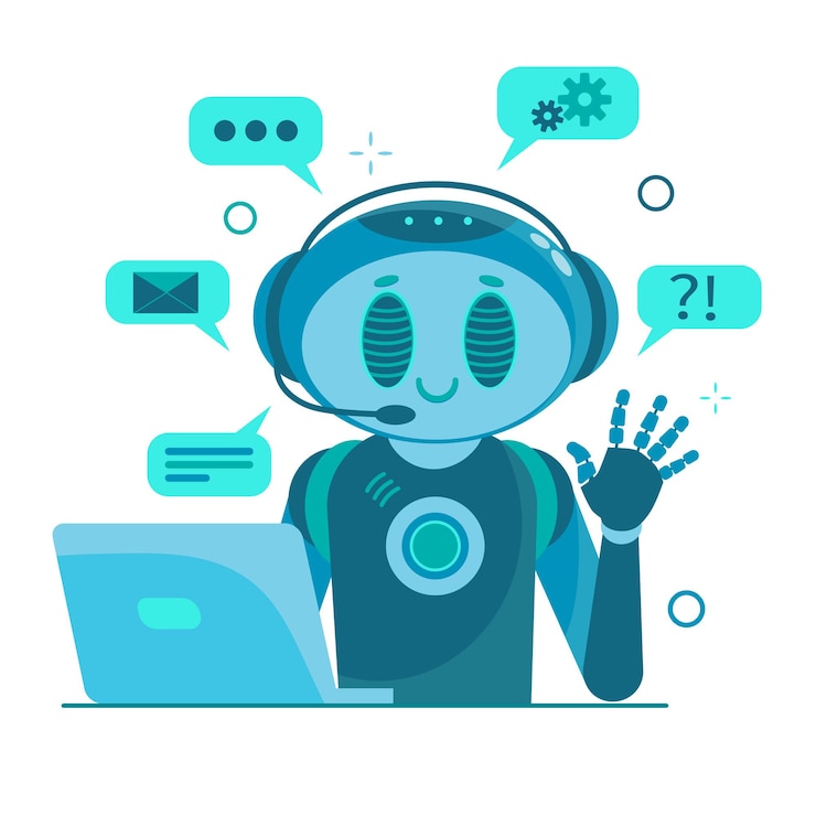 Vector robot de personaje de chat bot sonriente que ayuda a resolver problemas.