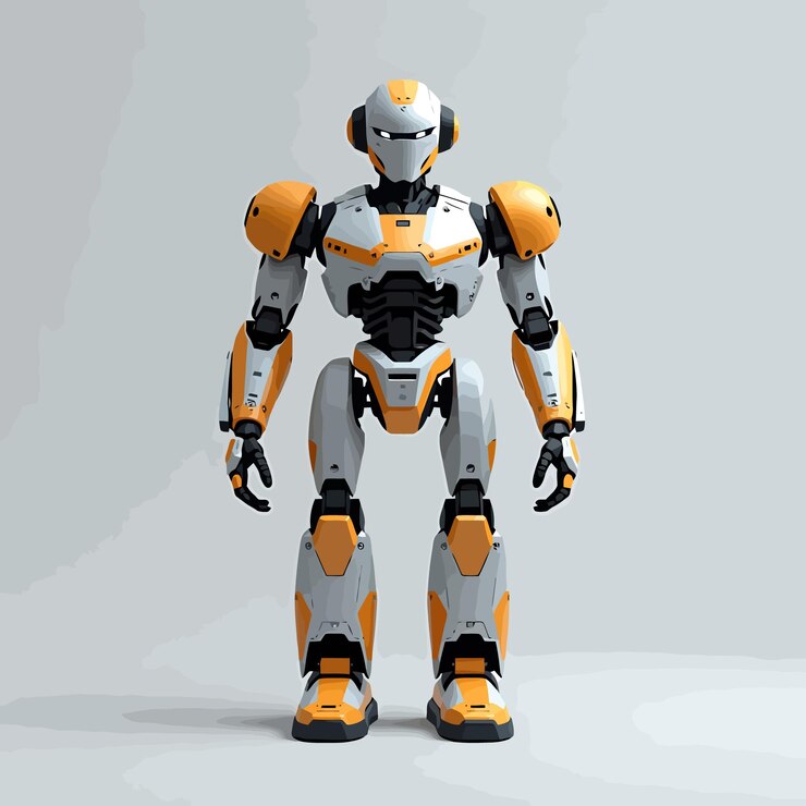 Vector un robot de pie frente a un fondo gris