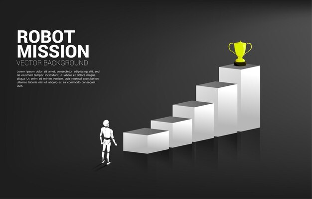 Robot de pie con gráfico de barras y trofeo en la parte superior del gráfico