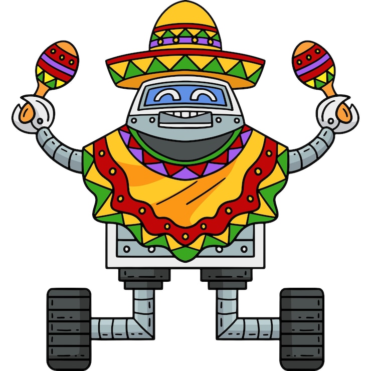 Vector robot con poncho y maracas clipart de dibujos animados