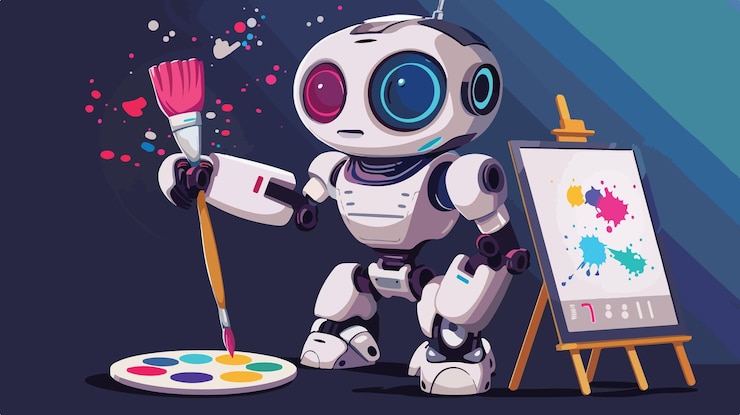 Vector robot profesional sosteniendo pincel y paleta para la creación de obras de arte