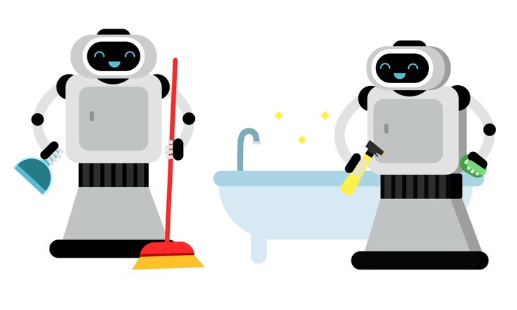 Vector robot que gestiona el hogar y realiza tareas domésticas conjunto de ilustraciones vectoriales