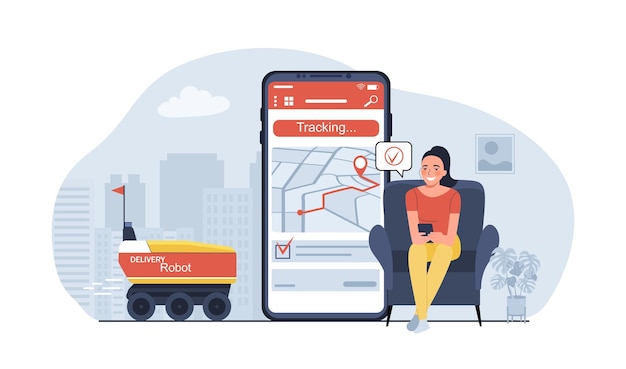 Robot que hace a la mujer de entrega en casa siguiéndola en el teléfono inteligente ilustración vectorial