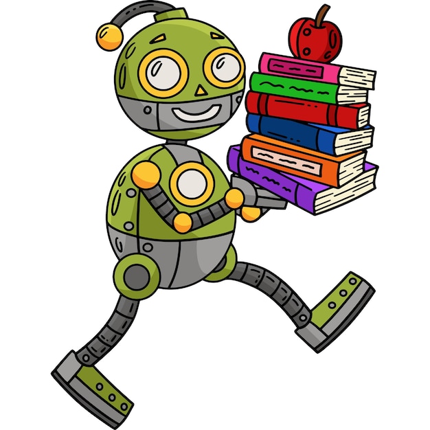 Robot que lleva libros Clipart de dibujos animados en color