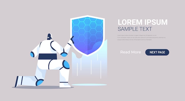 robot que sostiene el escudo. banner de seguridad de datos web