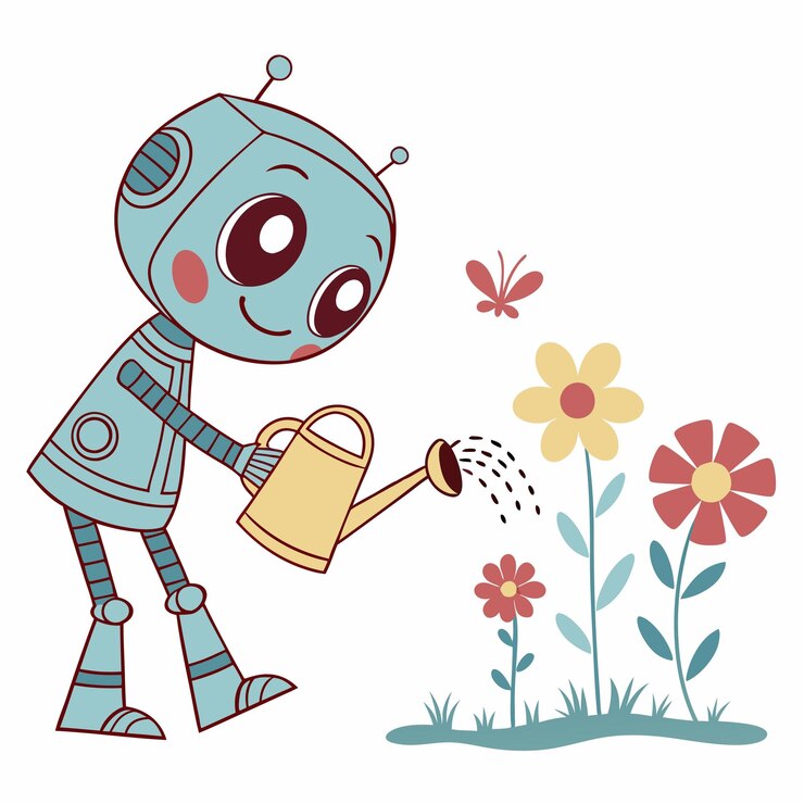 Vector un robot regando las flores