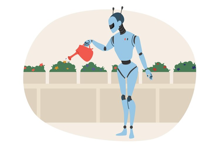 Vector robot regando plantas en el jardín ayudando a la gente a controlar las flores y arbustos que crecen en el invernadero