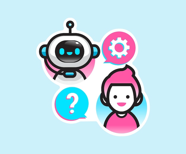 Un robot y un robot con una burbuja de diálogo que dice "¿qué?"