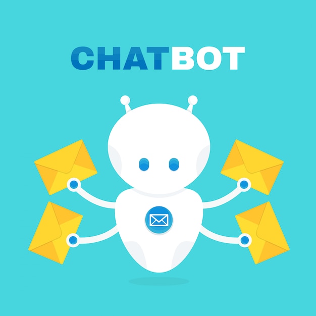 Robot robot chat lindo tiene sobre con una carta.